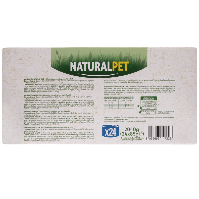 Naturalpet Cat Adult Multipack Mousse Tacchino, Manzo, Pollo e Salmone 24x85gr