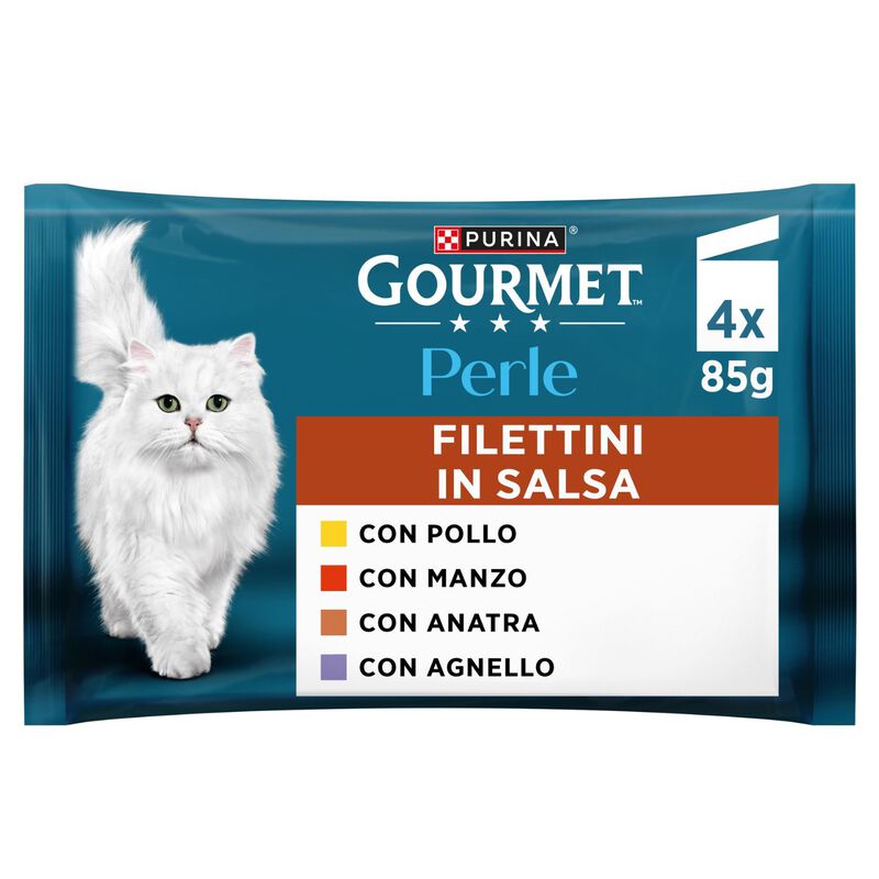 Gourmet Perle Cat Adult Filettini in Salsa con Manzo Pollo Agnello e Anatra 4 x 85 gr