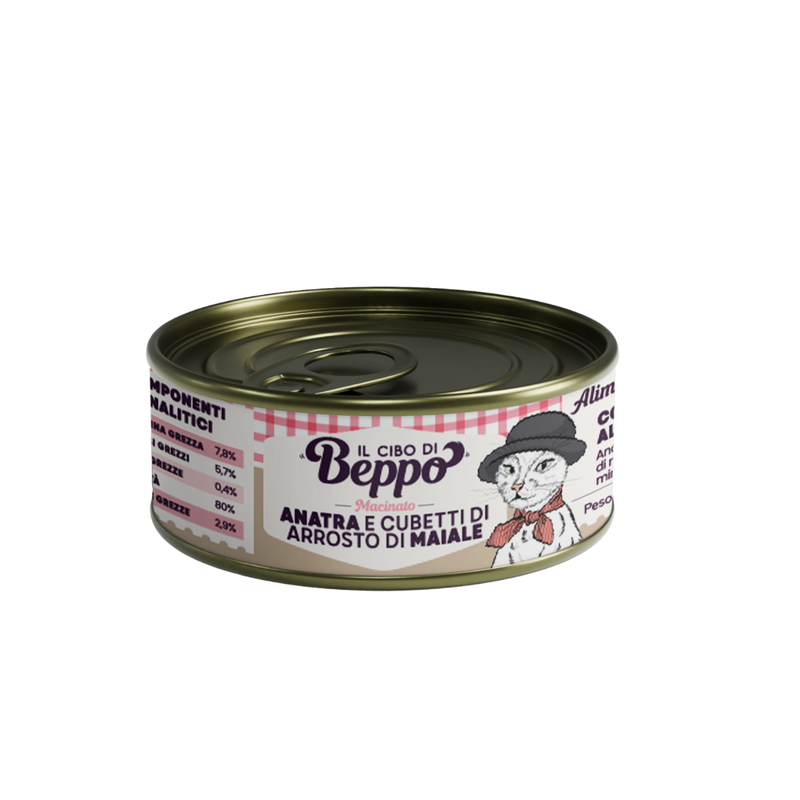 Il Cibo di Beppo Cat Adult Steril macinato anatra e cubetti di arrosto di maiale 85gr
