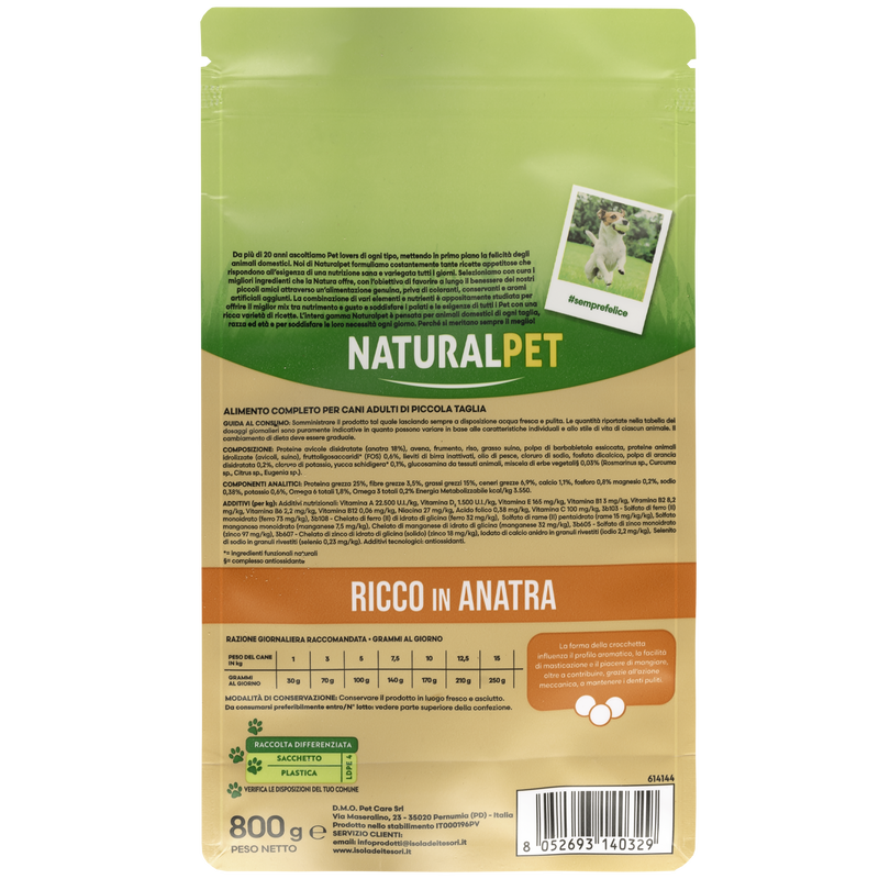 Naturalpet Premium Dog Adult Mini ricco in Anatra 800gr