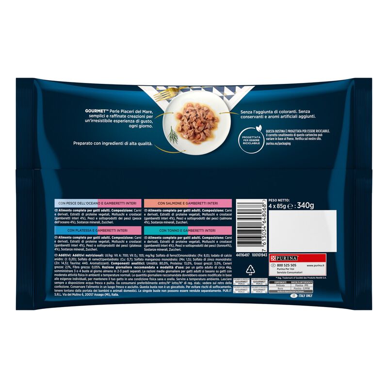Gourmet Perle Cat Piaceri del mare con Salmone, Platessa, Tonno e Pesce dell'Oceano 4pzx85gr