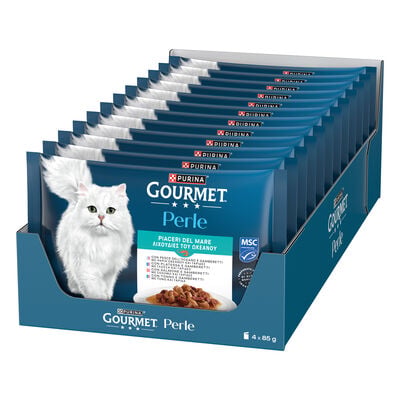 Gourmet Perle Cat Piaceri del mare con Salmone, Platessa, Tonno e Pesce dell'Oceano 4pzx85gr
