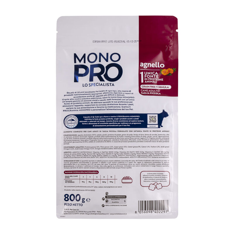 Monopro Dog Adult Mini Grain Free Agnello 800 gr