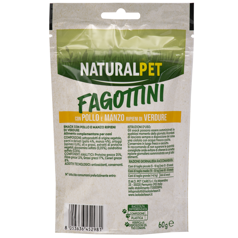 Naturalpet Fagottini Snack Dog Adult con pollo e manzo ripieni di verdure 90gr