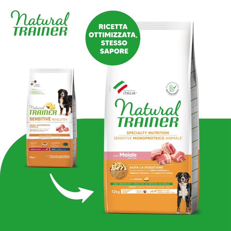 Natural Trainer Dog Adult Medium&Maxi Sensitive Gluten Free con Maiale 12 kg