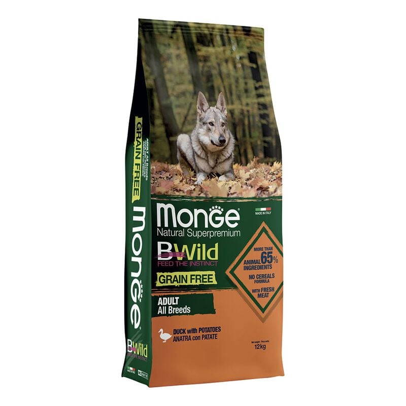 Monge BWild Crocchette Grain Free per cani adulti Anatra con patate 12 kg