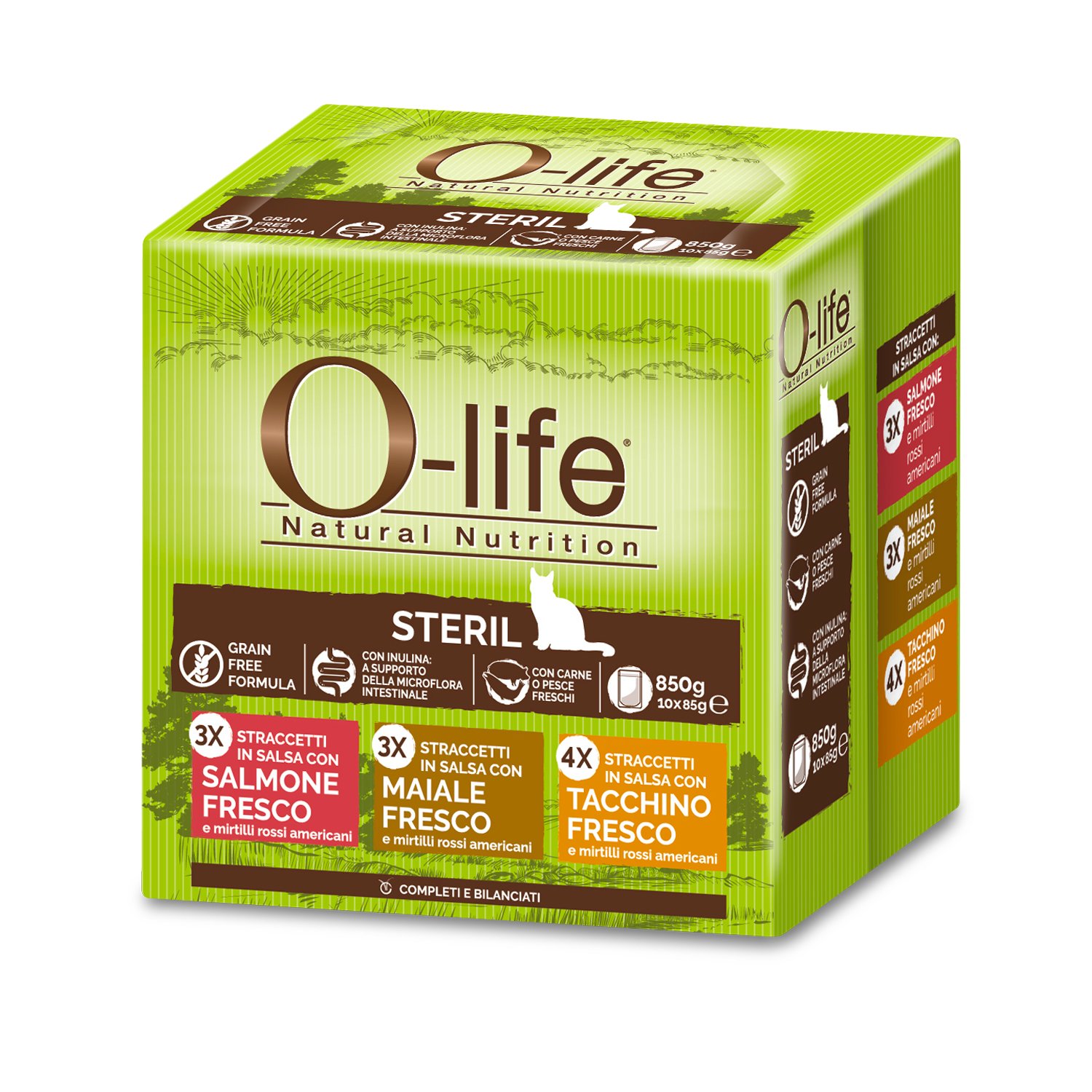 O-life Cat Adult Sterilised Multibox Salmone Maiale e Tacchino 85grx10 pz