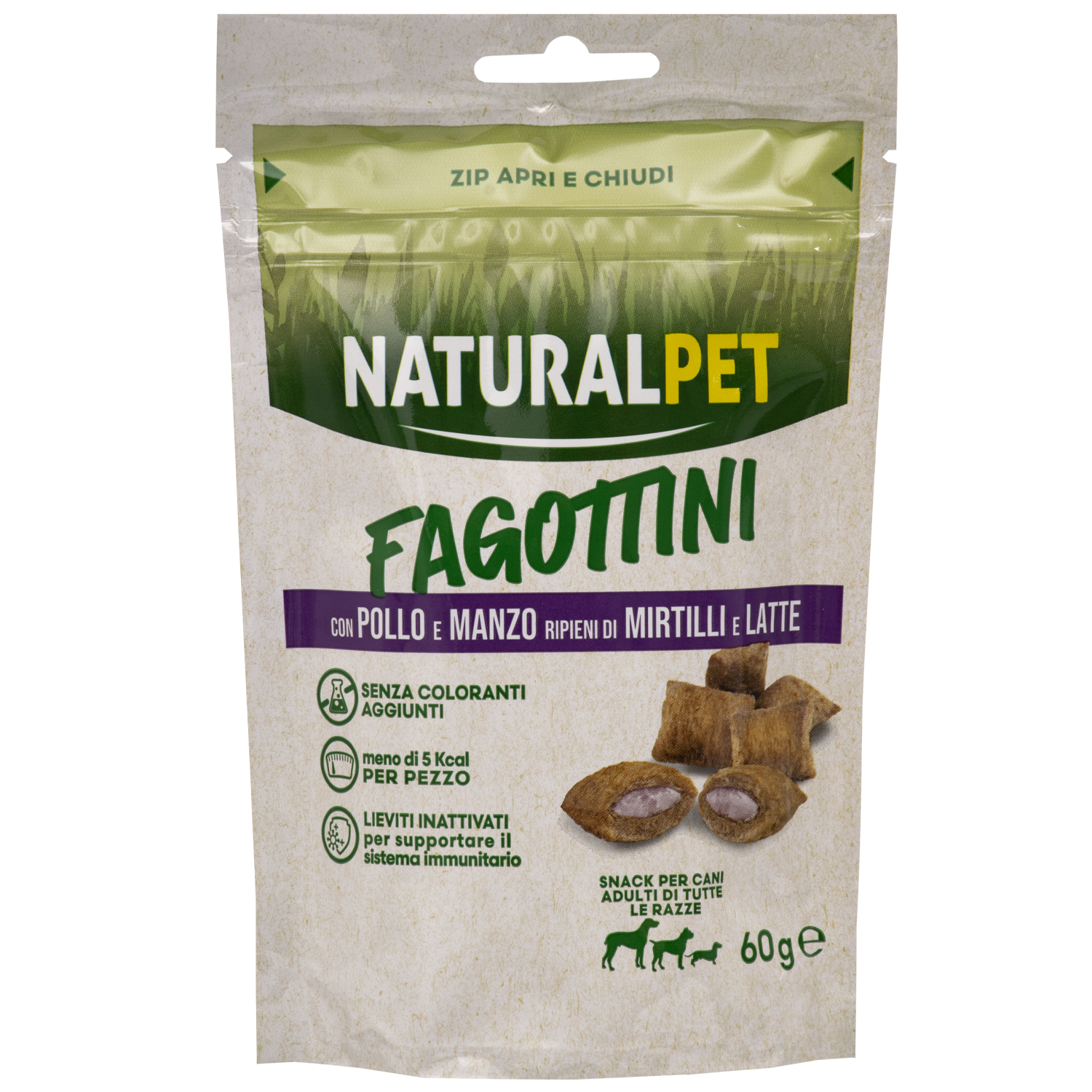 Naturalpet Fagottini Snack Dog Adult con pollo e manzo ripieni di mirtilli e latte 90gr