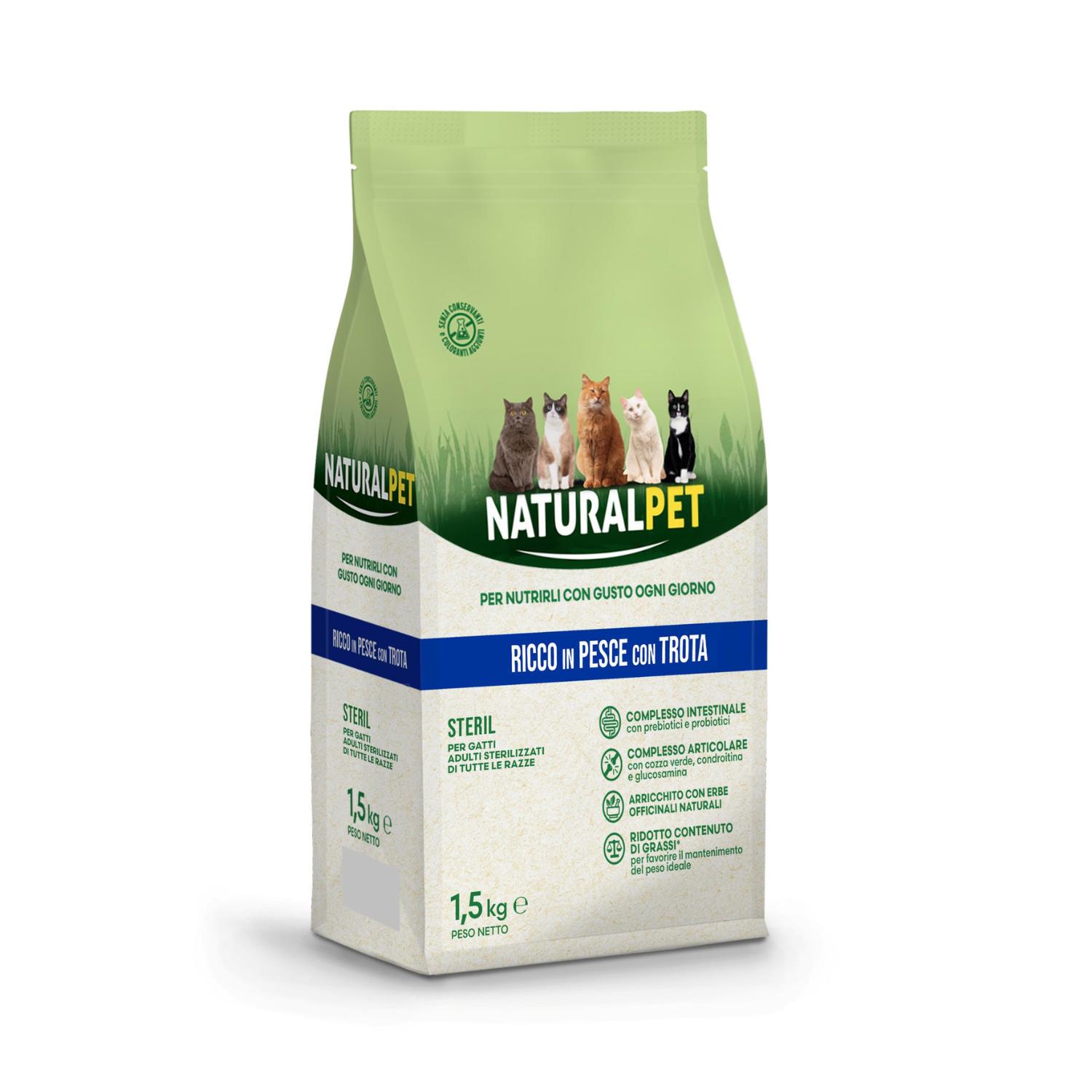 Naturalpet Cat Adult Steril ricco in pesce con trota 1,5kg
