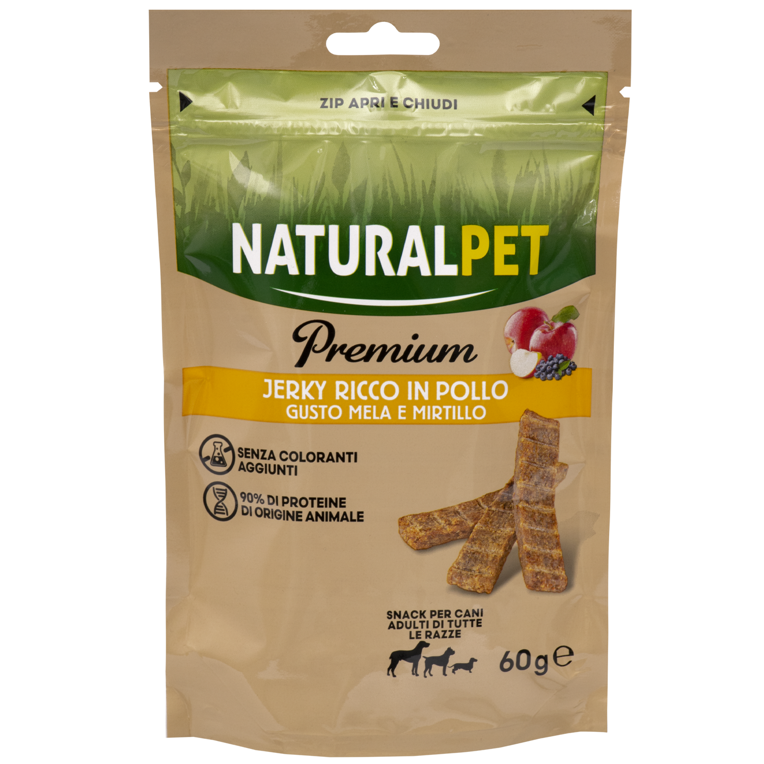 Naturalpet Premium Dog Snack Jerky ricco in Pollo mela e mirtillo 60gr