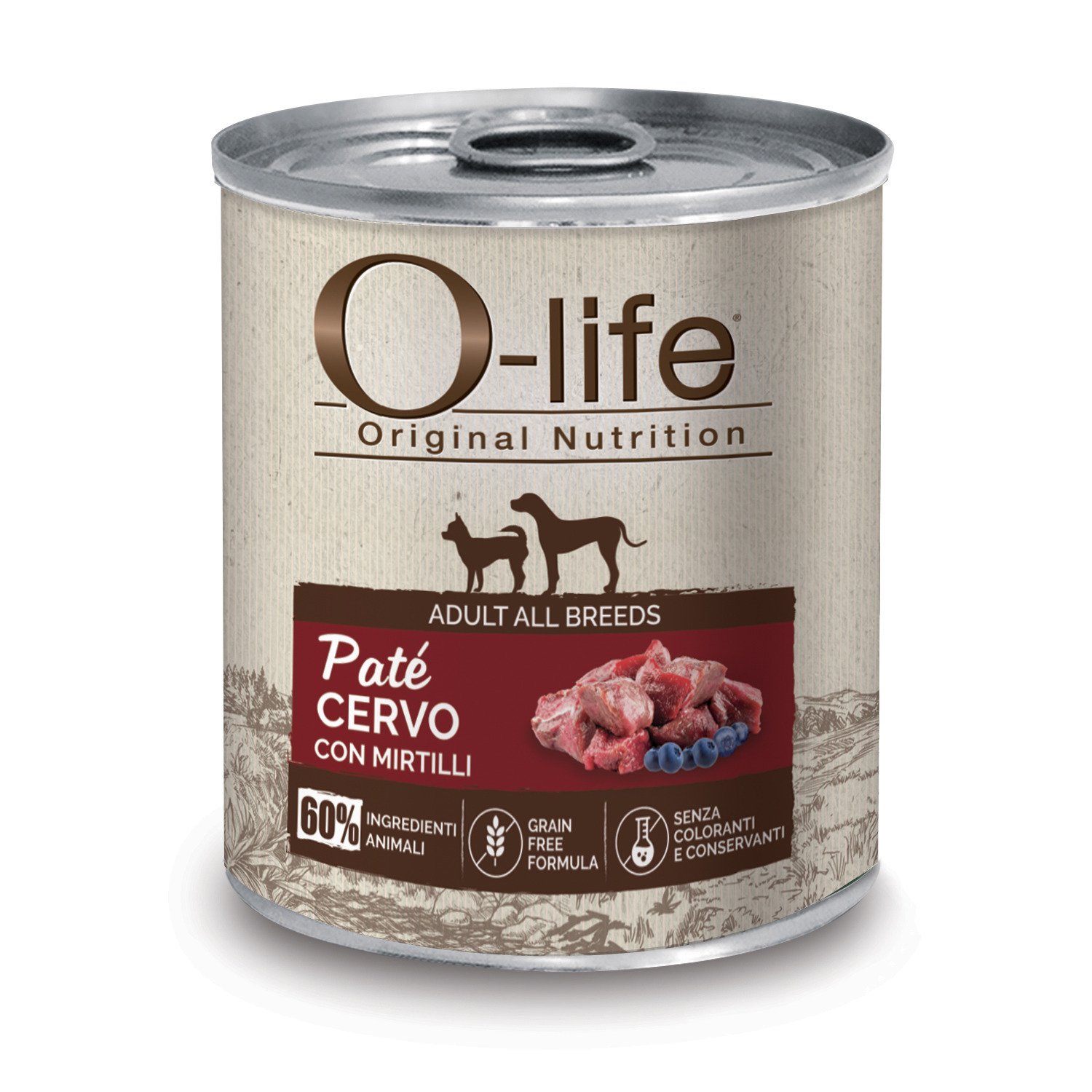 O-life Adult All Breeds Paté Cervo con Mirtilli 400g