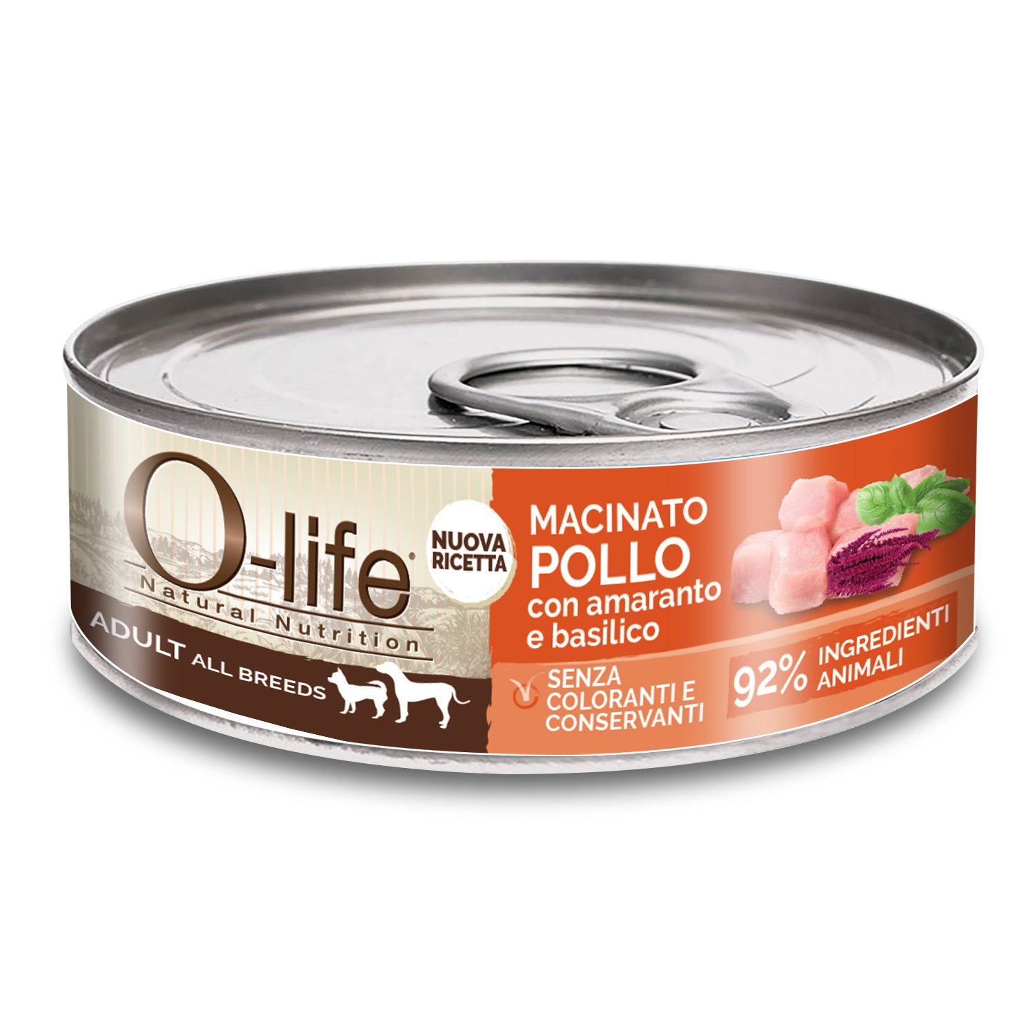 O-life Dog Adult All breeds Macinato di Pollo con amaranto e basilico 85gr