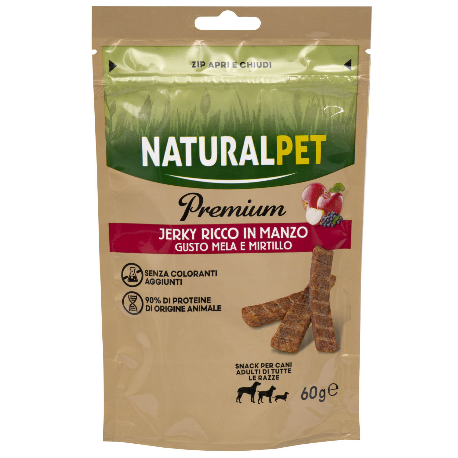 Naturalpet Premium Dog Snack Jerky ricco in Manzo mela e mirtillo 60gr