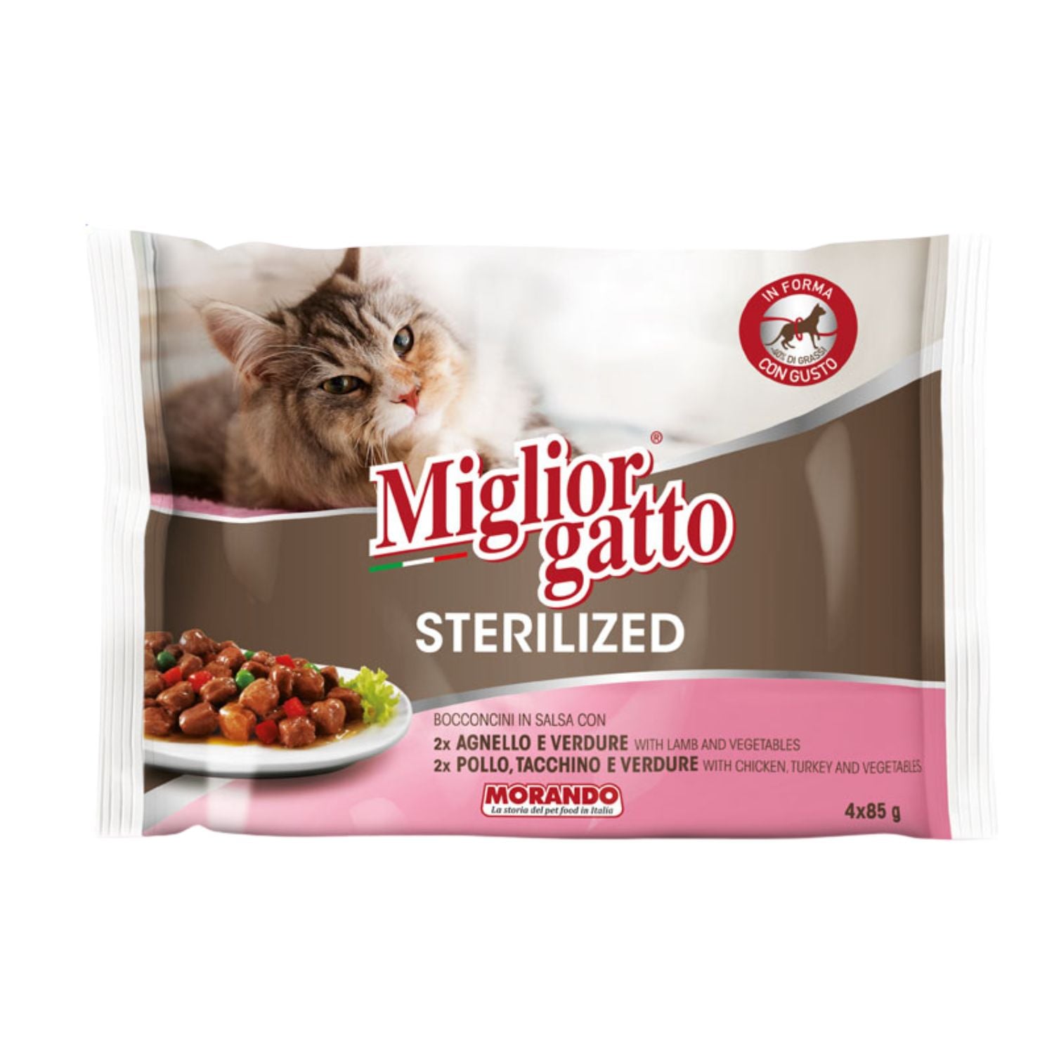 Migliorgatto Cat Sterilized bocconcini in salsa assortiti Pollo, Tacchino e Verdure/Agnello e Verdure 4 x 85 gr