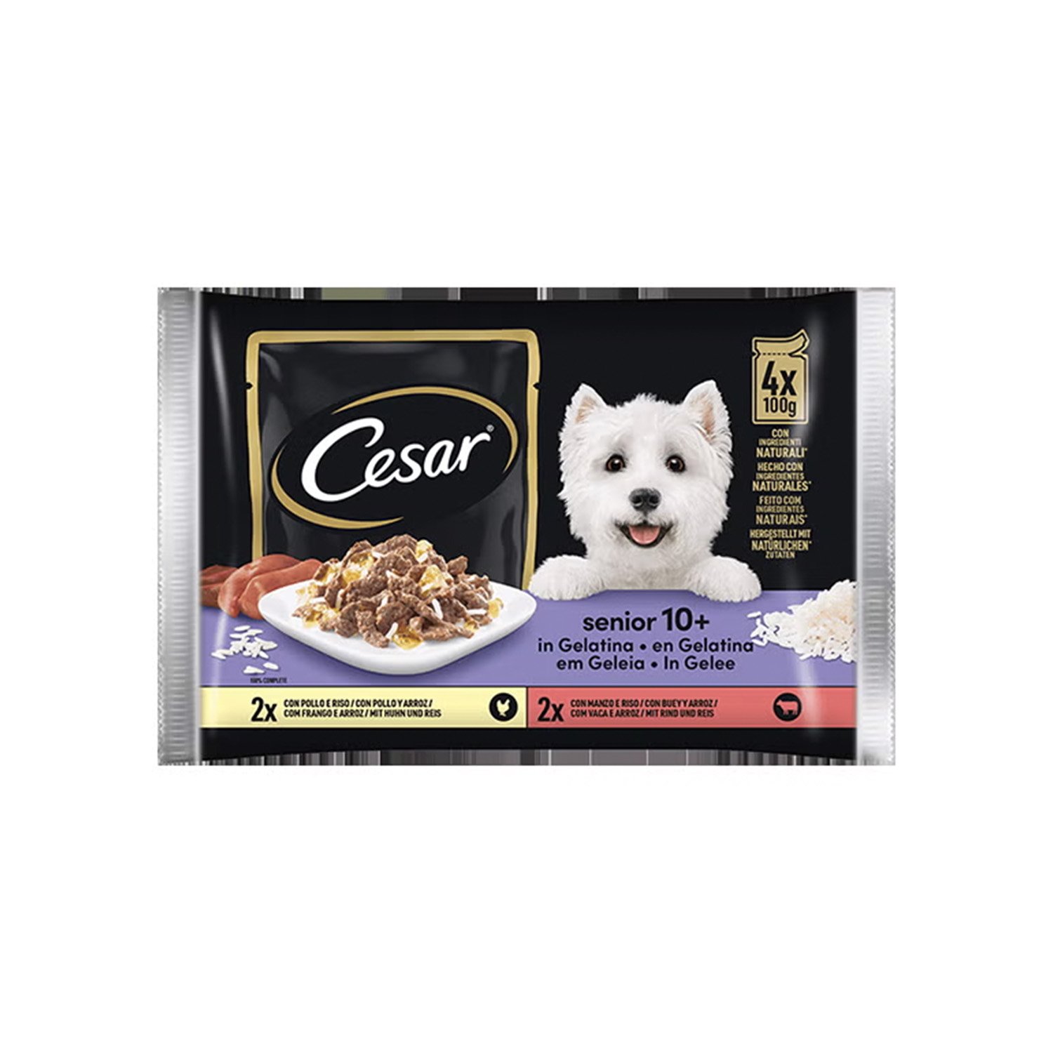 Cesar Dog Senior Selezione Pollo e Riso e Manzo e Riso in Gelatina 4x100 gr