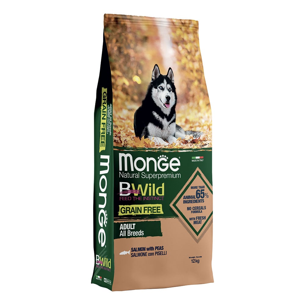 MONGE CANE CROCCHETTA BWILD GRAIN FREE ALL BREEDS ADULTO SALMONE E PISELLI 12 KG img 1