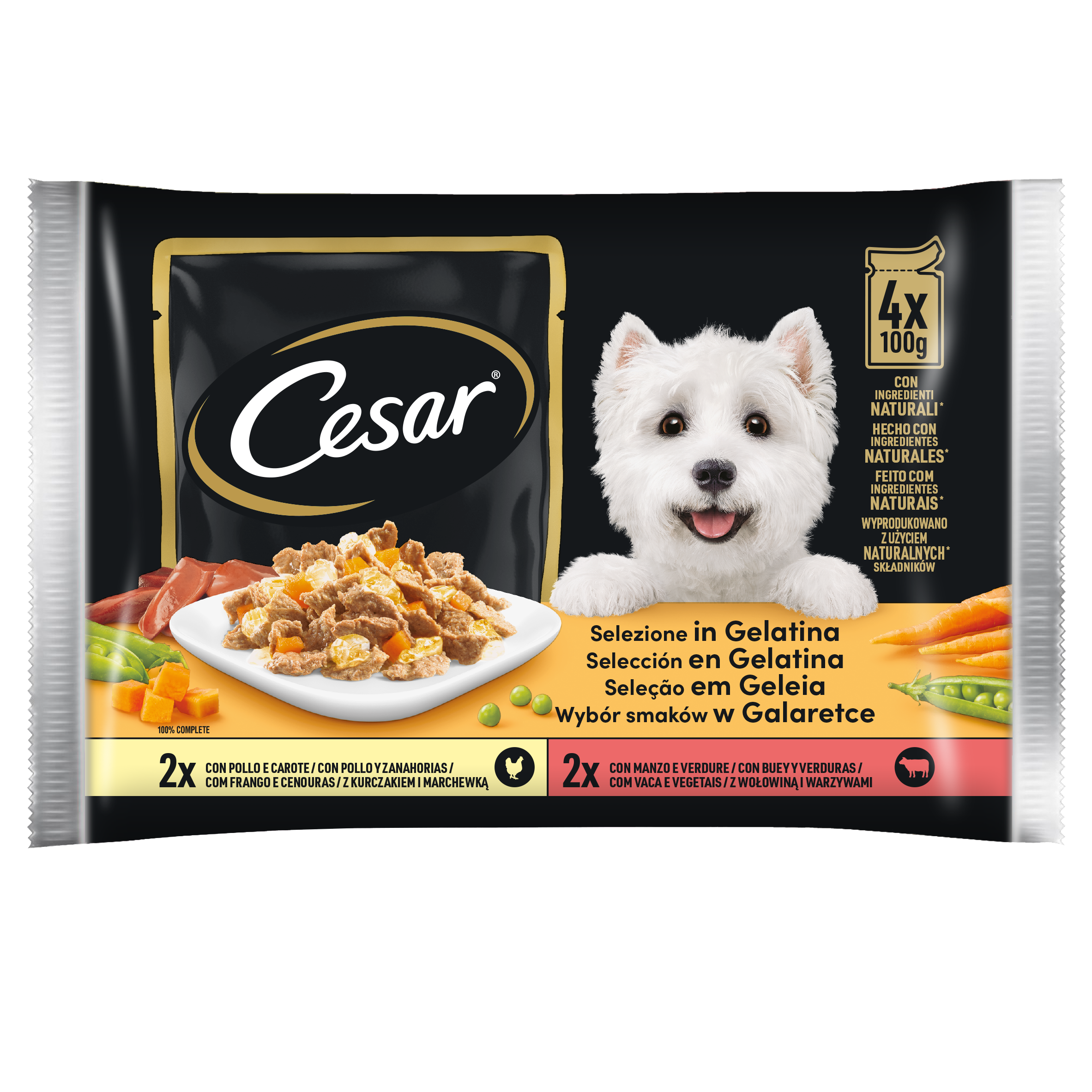 Cesar Dog Delizie del Giorno Multipack Pollo e Carote e Manzo e Verdure in Gelatina 4x100 gr