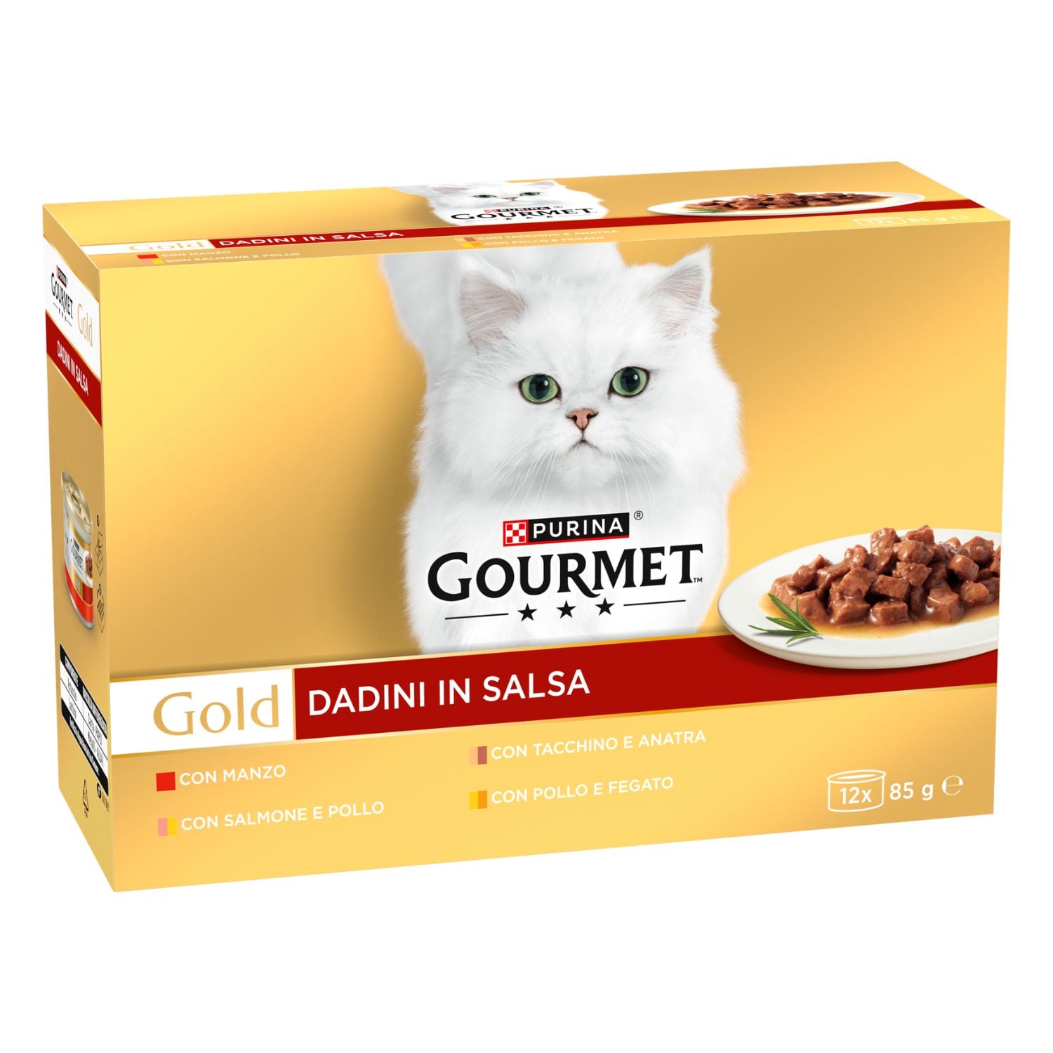 Gourmet Gold Cat Adult Dadini in Salsa con Manzo, Salmone e Pollo, Tacchino e Anatra, Pollo e Fegato 12x85 gr