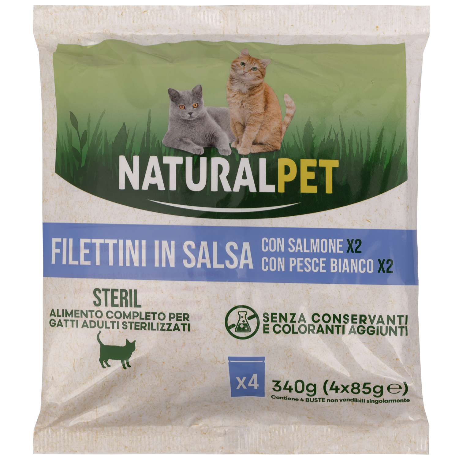 Naturalpet Cat Steril Filettini in salsa con Salmone e Pesce Bianco 4x85 g