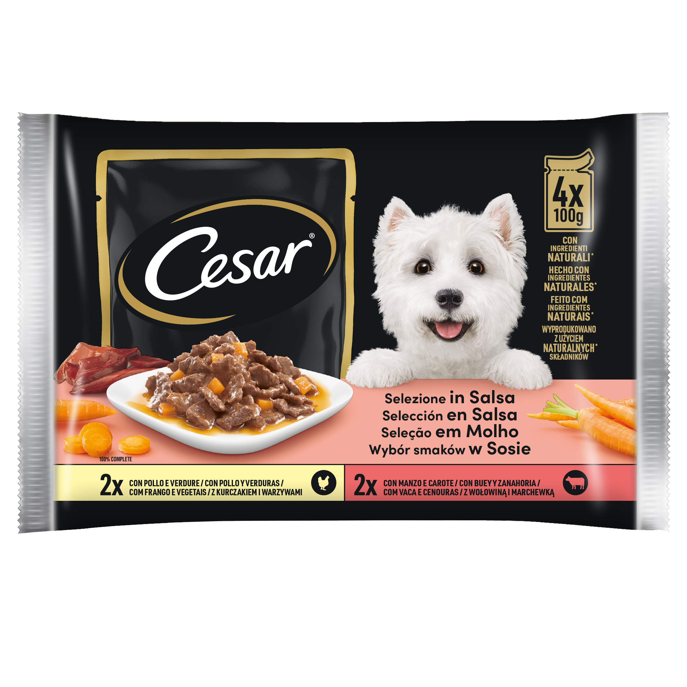 Cesar Dog Delizie del Giorno Multipack Pollo e Verdure e Manzo e Carote in Salsa 4x100 gr