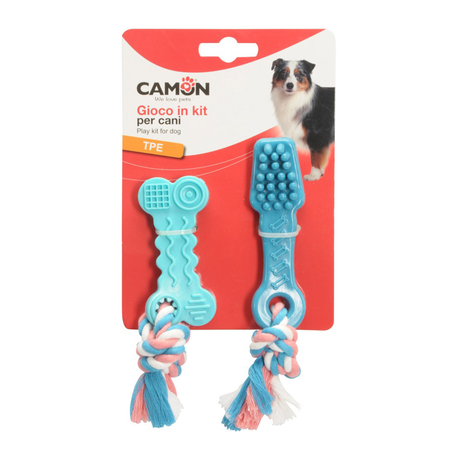 Camon Kit Gioco Spazzolino e osso in TPE con corda 10 cm
