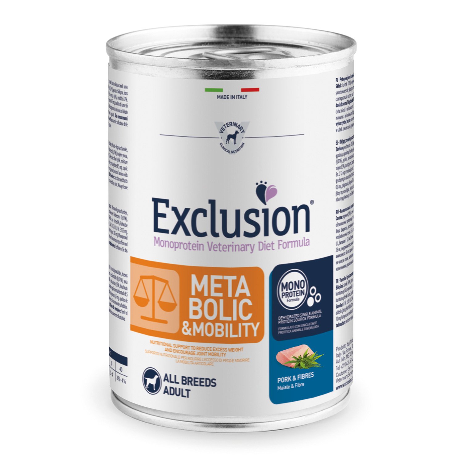 Exclusion Monoprotein Veterinary Diet Dog Adult All breeds Metabolic&Mobility Maiale e fibre 400gr