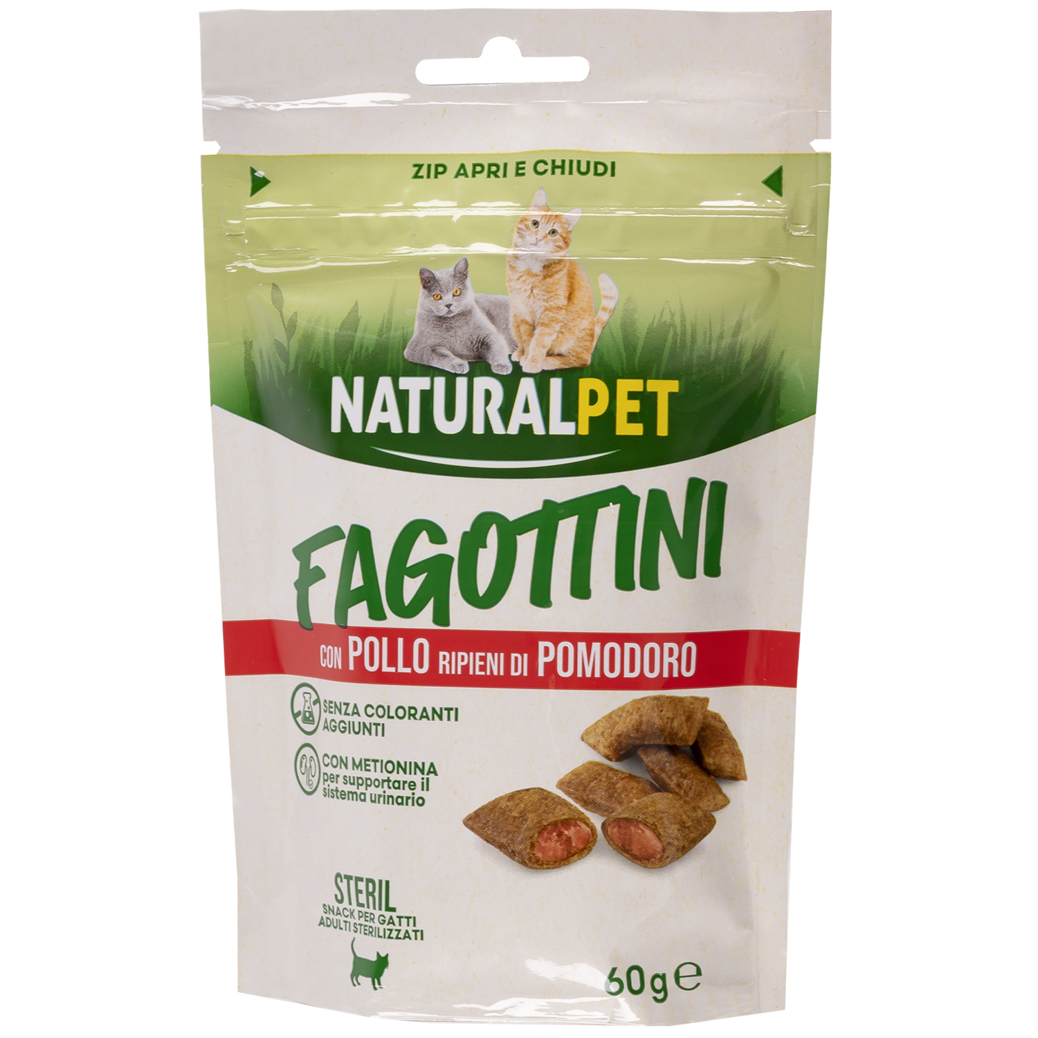 Naturalpet Cat Adult Sterilized Snacks Fagottini con Pollo ripieni di pomodoro 60 gr