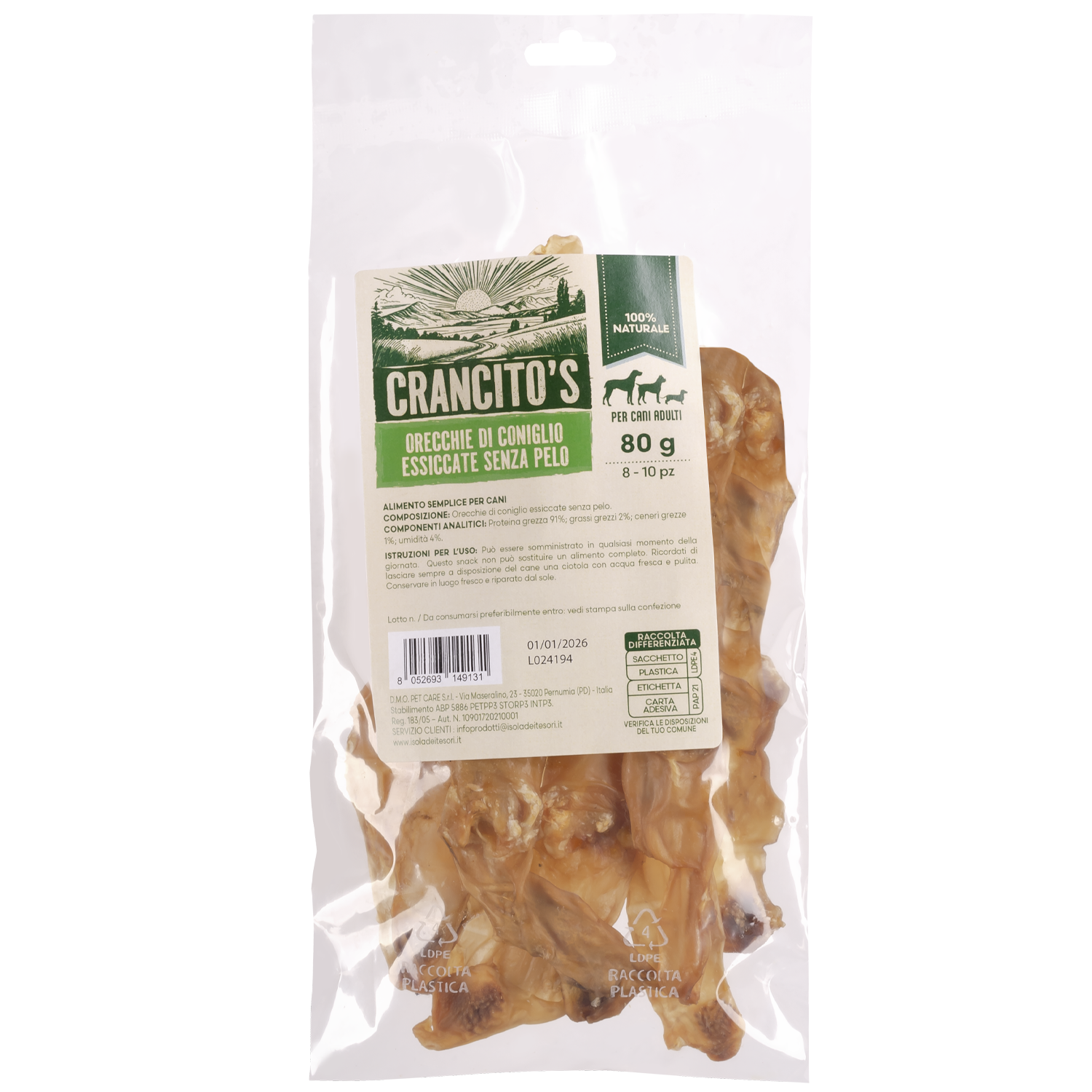 Crancito's Dog Orecchie di coniglio essiccate senza pelo 80gr