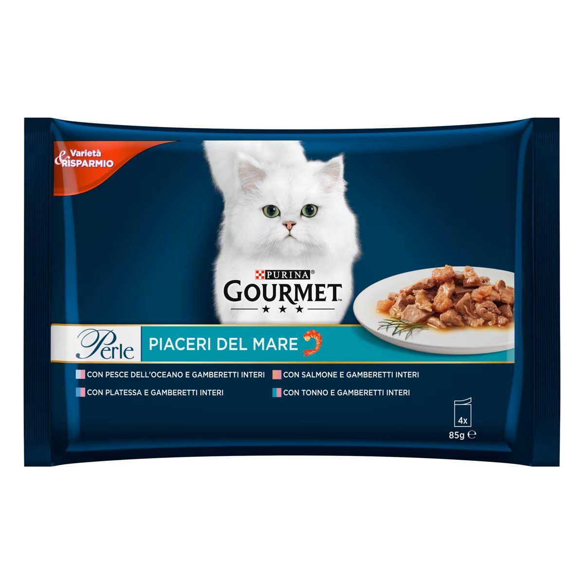 Gourmet Perle Cat Piaceri del mare con Salmone, Platessa, Tonno e Pesce dell'Oceano 4pzx85gr