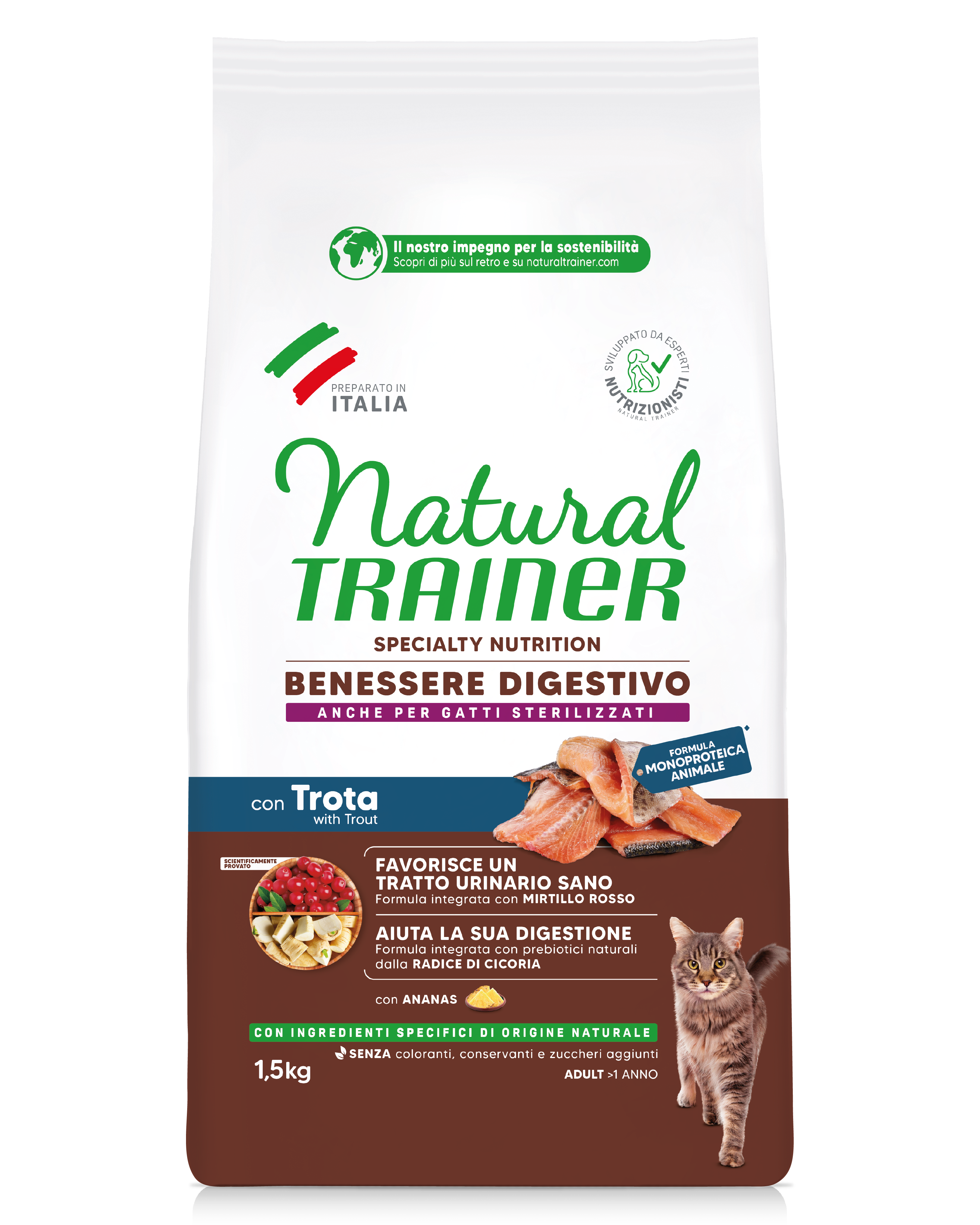 Natural Trainer Cat Adult Sensitive No Grain con Trota 1,5 kg