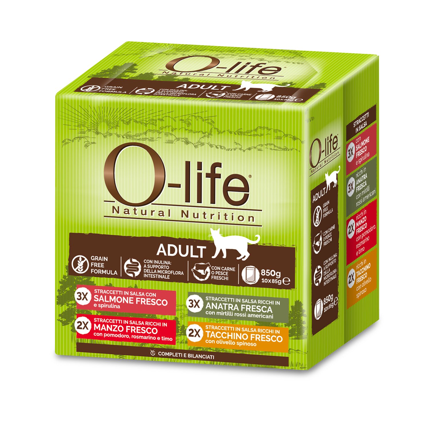 O-life Cat Adult Multibox Straccetti in salsa Salmone, Manzo, Anatra e Tacchino 85grx10 pz