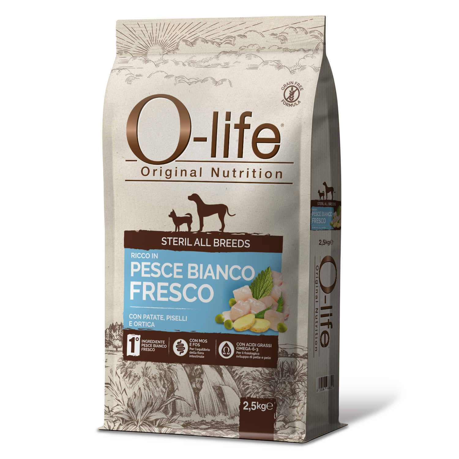 O-life Dog All breeds Sterilised ricco in Pesce Bianco con patate, piselli e ortica 2,5kg