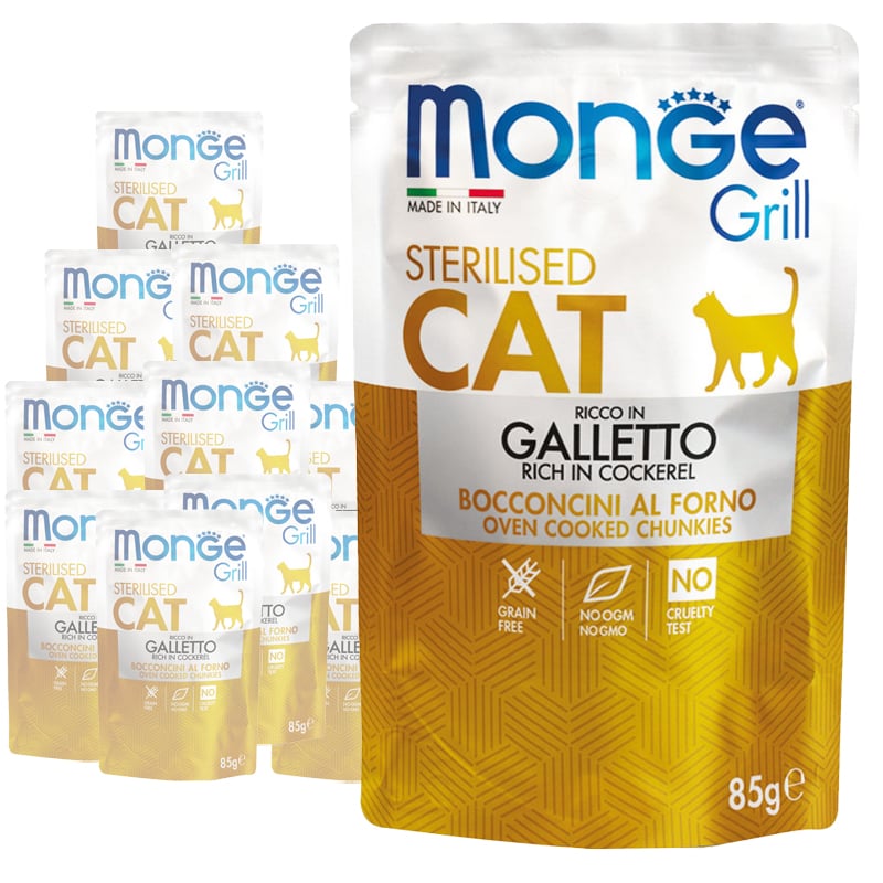 Monge Grill per gatti sterilizzati Bocconcini in Jelly Ricco di Galletto 85 gr