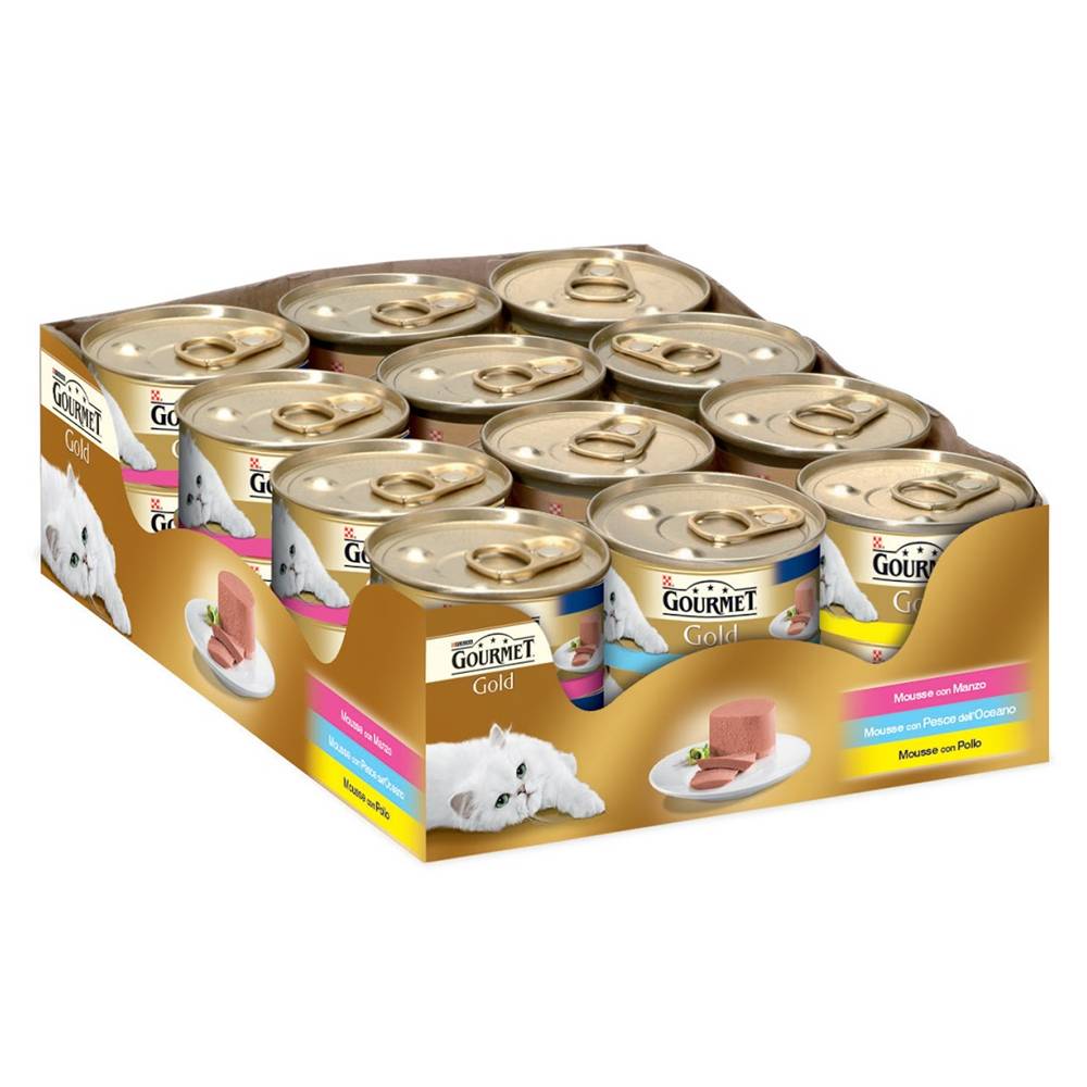 Gourmet Gold Cat Adult Mousse con Manzo, con Pesce dell'Oceano, con Pollo 24x85 gr
