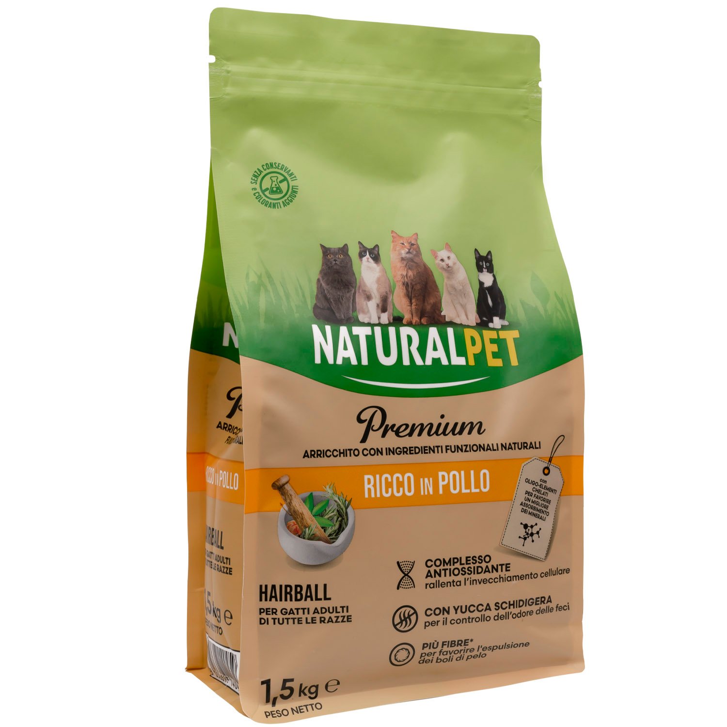 Naturalpet Premium Cat Adult Hairball ricco in Pollo 1,5 kg