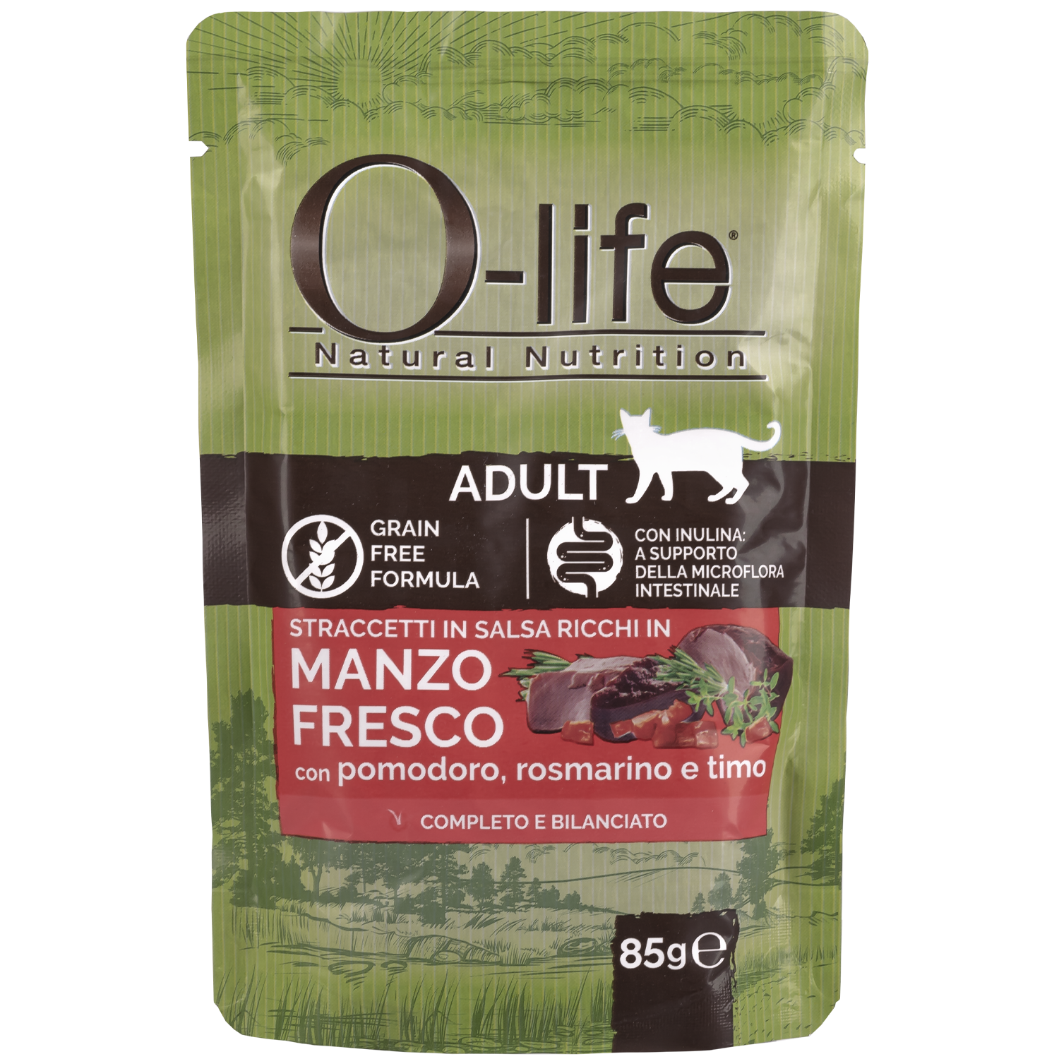 O-life Cat Adult Straccetti in salsa ricchi in Manzo fresco pomodoro rosmarino e timo 85 gr