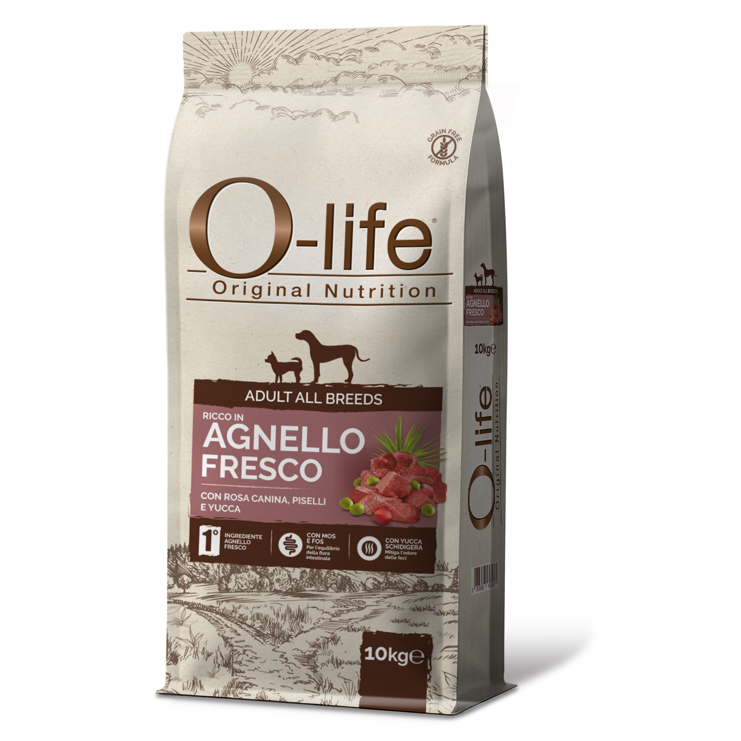 O-life Dog All breeds ricco in Agnello fresco con rosa canina piselli e yucca 10kg