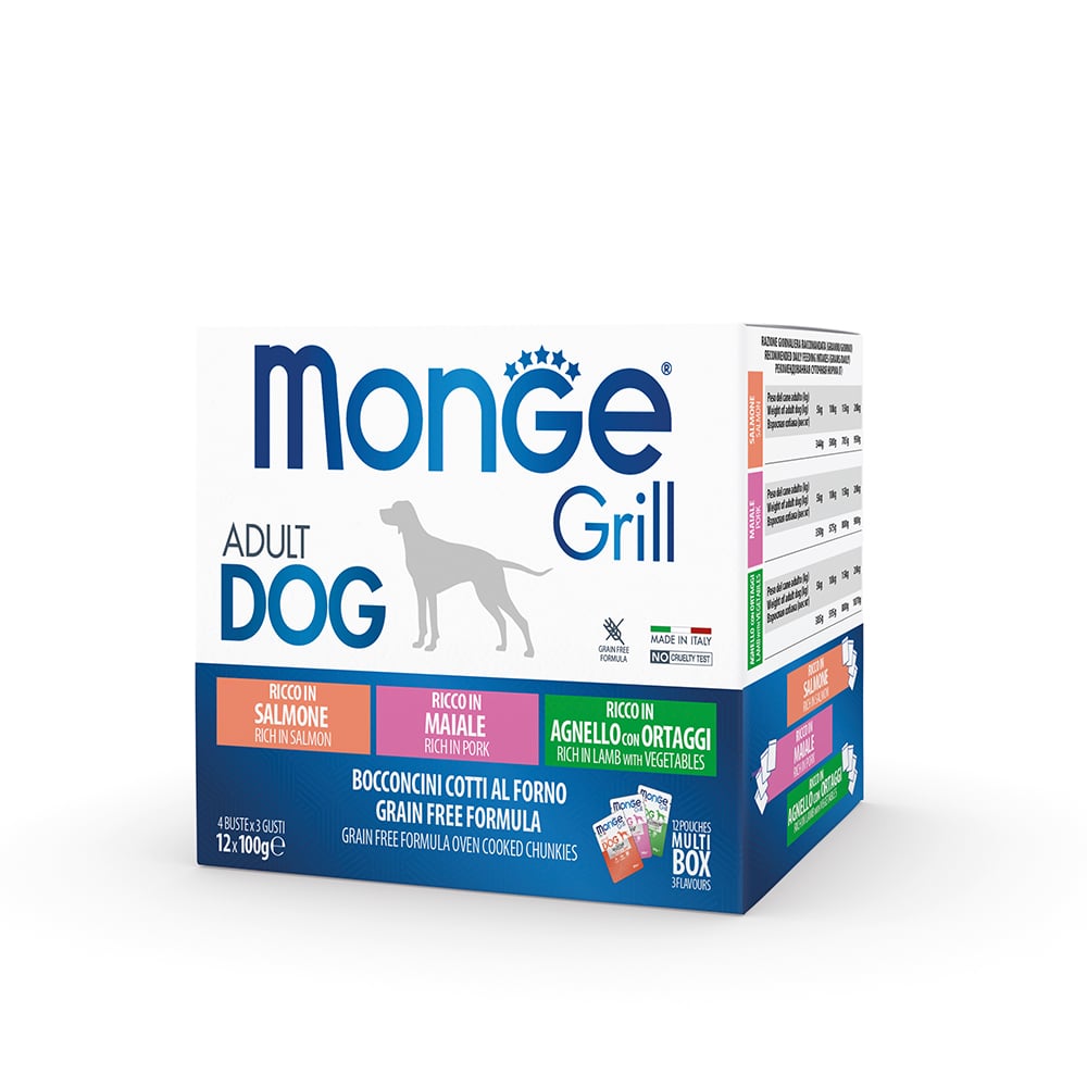 Monge Grill Dog Multipack Salmone, Maiale e Agnello busta 12x100gr