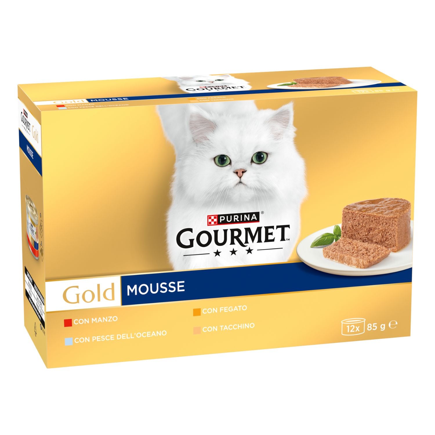 Gourmet Gold Cat Adult Mousse con Manzo, Pesce dell'Oceano, Tacchino, Fegato 12x85 gr