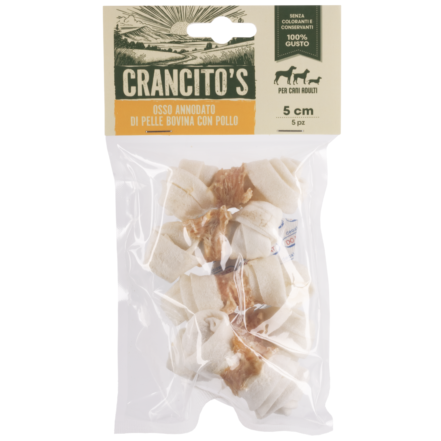 Crancito's Osso annodato di pelle bovina con pollo 5pz 5cm