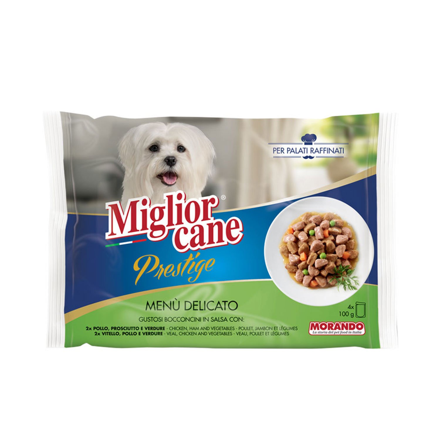 Migliorcane Prestige Dog Mini Bocconcini in salsa Pollo Prosciutto Vitello e verdure 100grx4pz