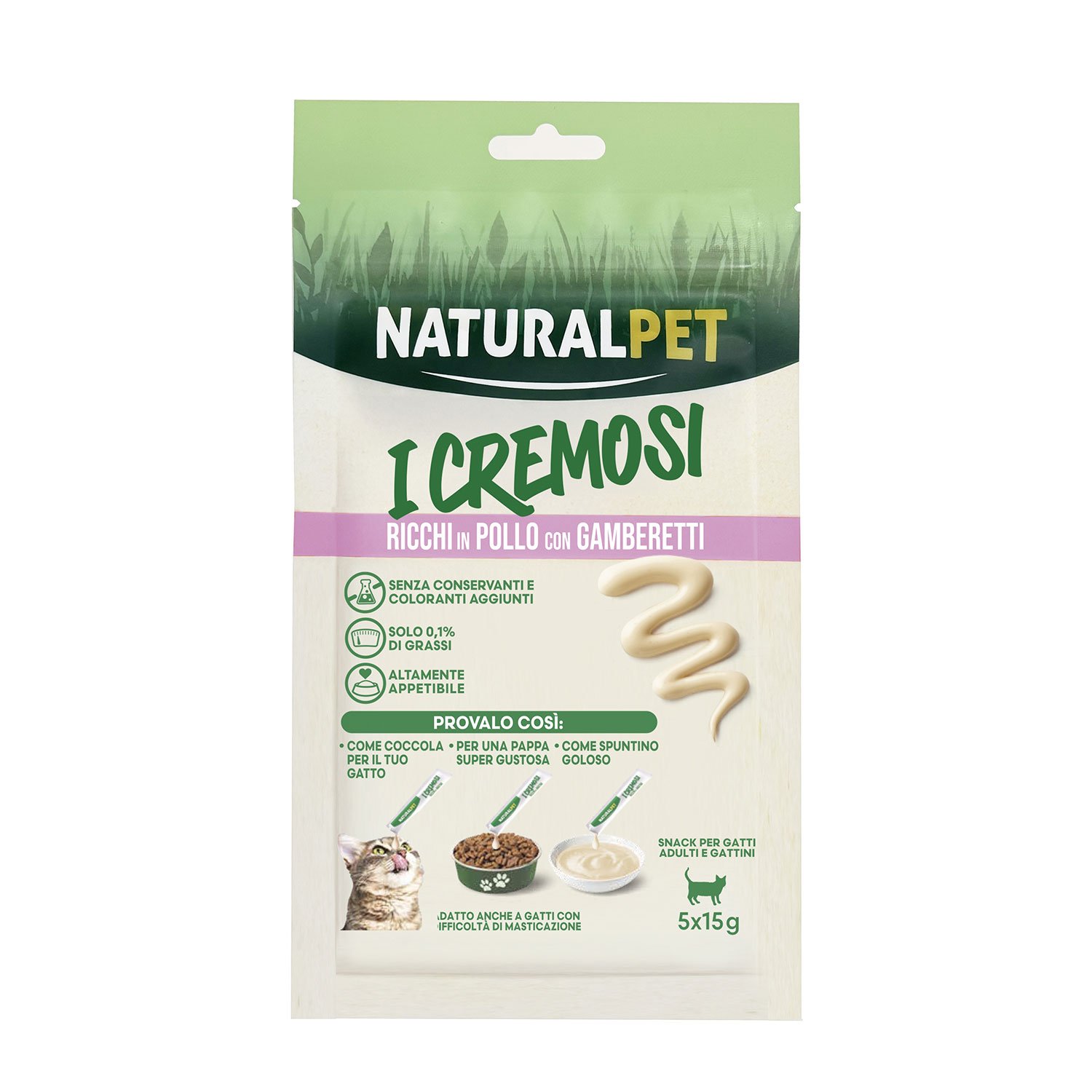 Naturalpet Cat Snack I Cremosi ricchi in Pollo con Gamberetti 5x15gr