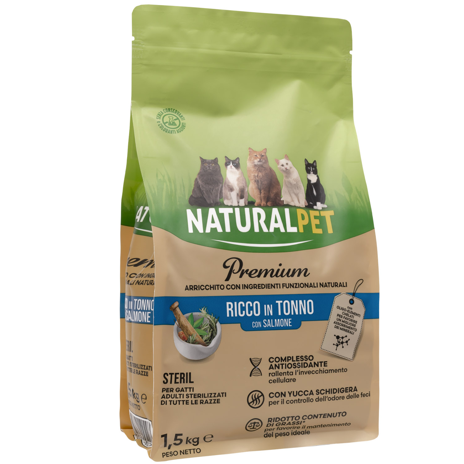 Naturalpet Premium Cat Adult Sterilised ricco in Tonno con Salmone 1,5 kg