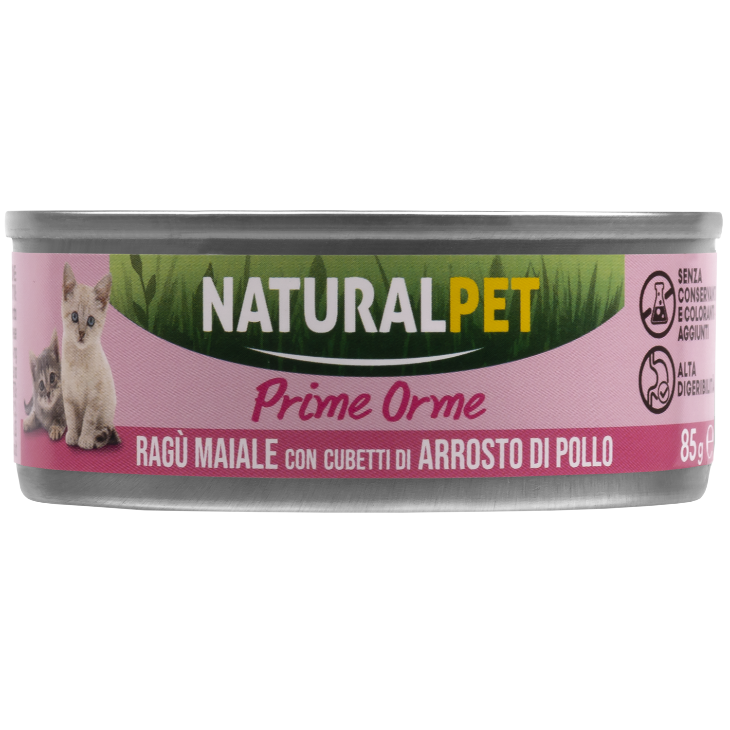 Naturalpet Prime Orme Kitten ragù al maiale con cubetti di arrosto di pollo e riso 85gr