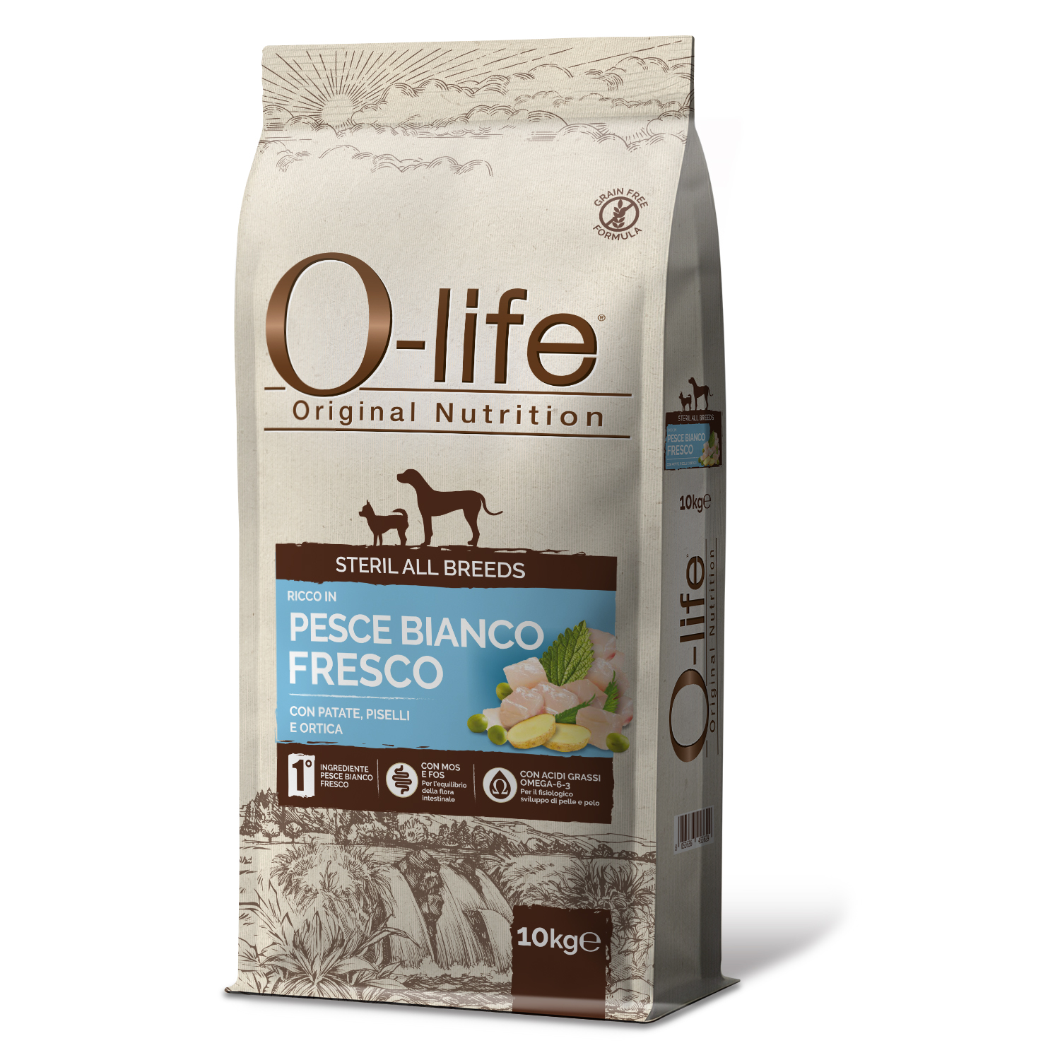 O-life Dog All breeds Sterilised ricco in Pesce Bianco con patate, piselli e ortica 10kg