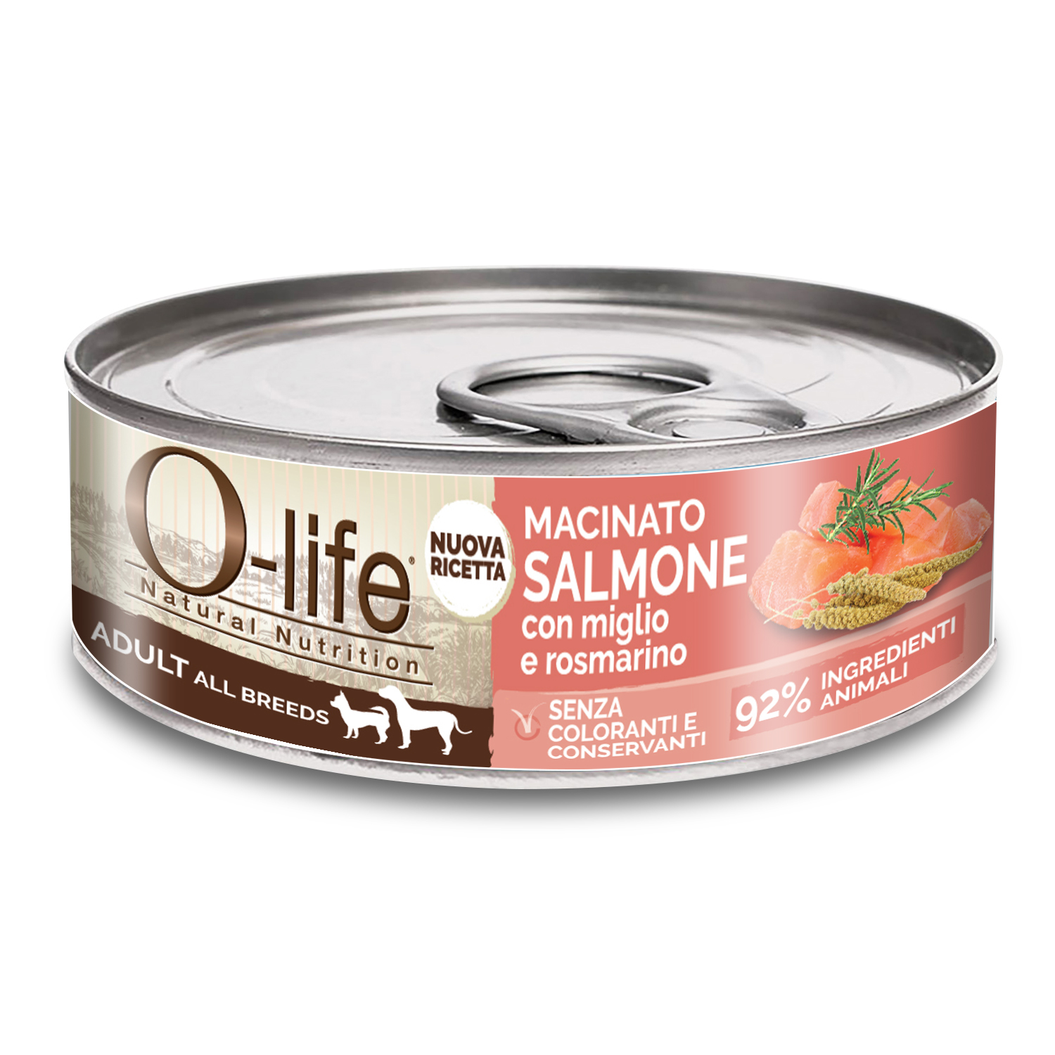O-life Dog Adult All breeds Macinato di Salmone con miglio e rosmarino 85gr