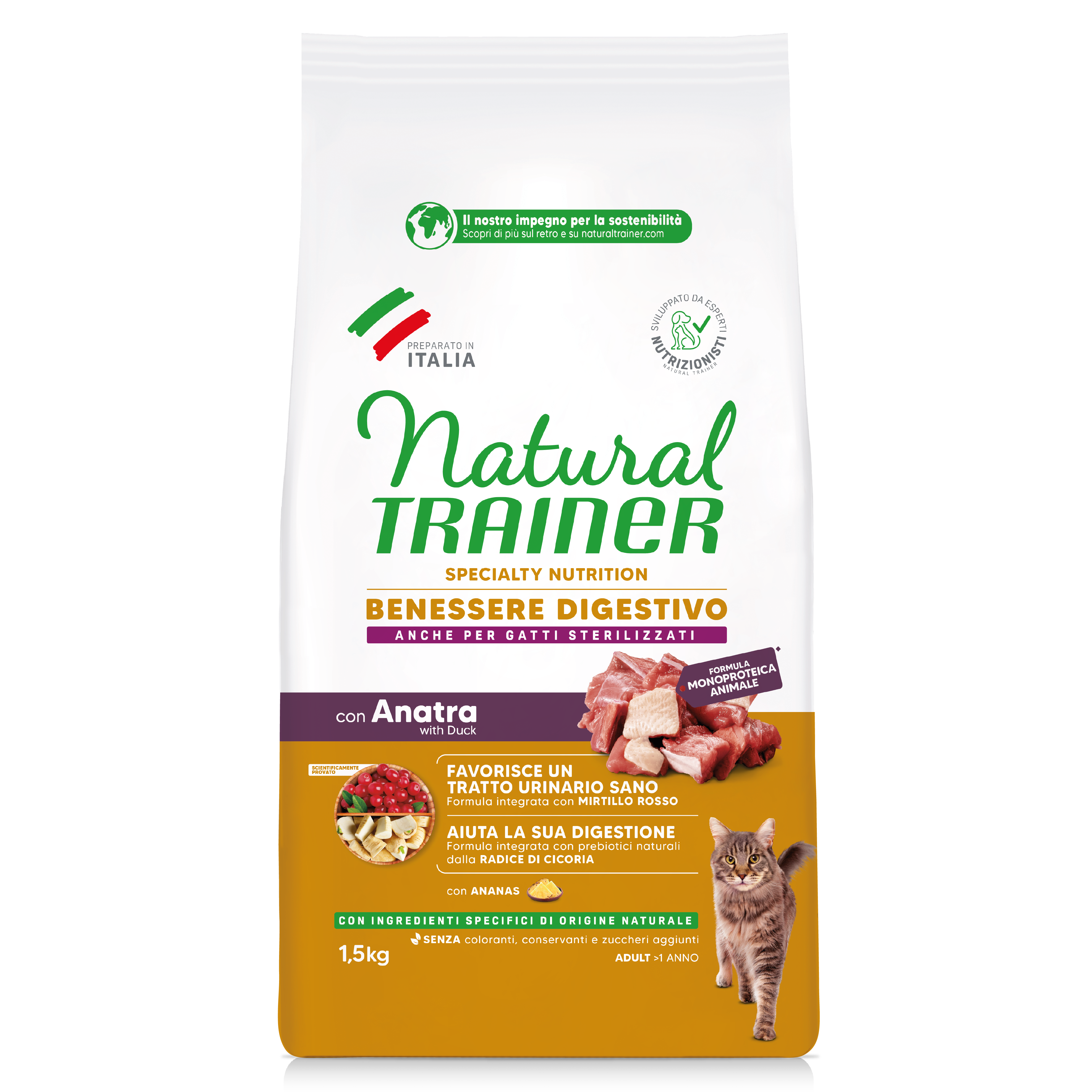 Natural Trainer Cat Adult Sensitive No Gluten con Anatra 1,5 kg