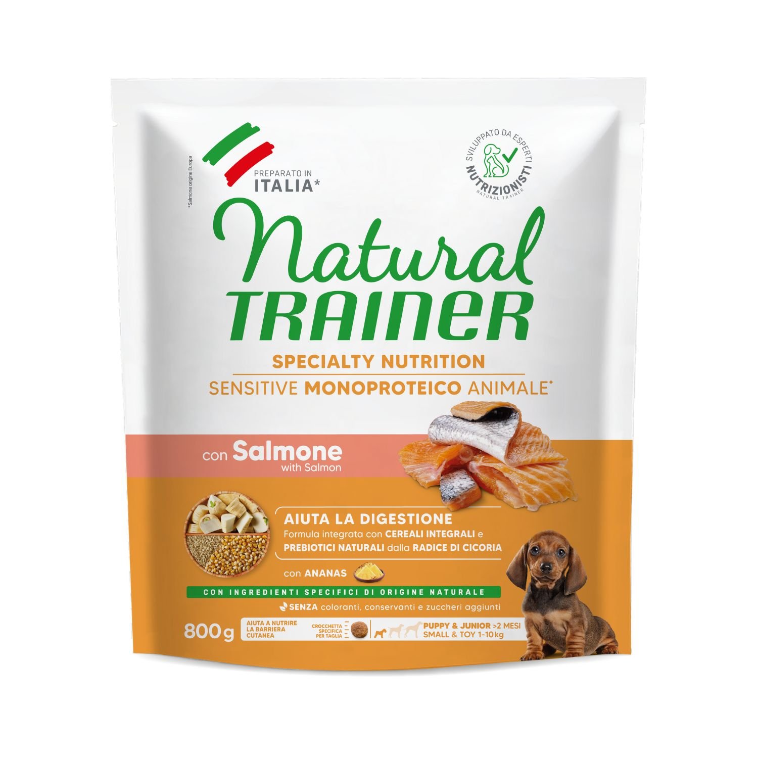 Natural Trainer Sensitive Dog No Gluten Small & Toy Puppy & Junior con Salmone 800 gr