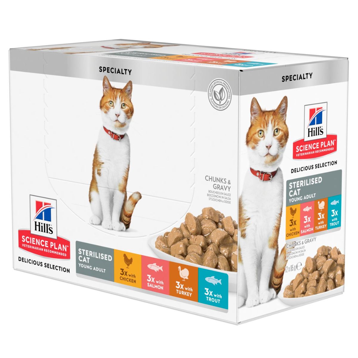 Hill's Science Plan Cat Young Adult Sterilized con Pollo, Salmone, Trota e Tacchino 12x85 gr img 1