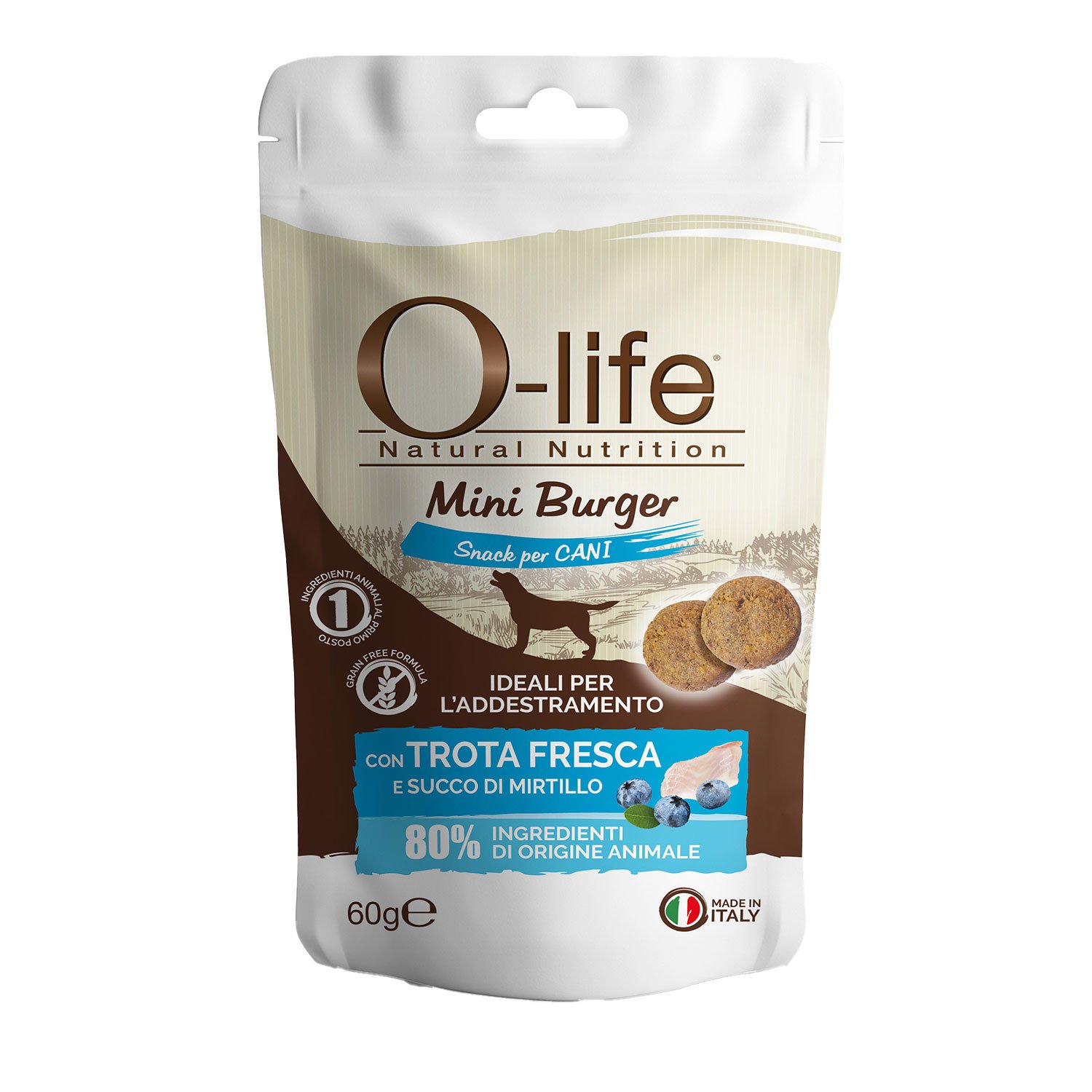 O-life Dog Adult Snack Mini burger Trota e Mirtillo 60 gr